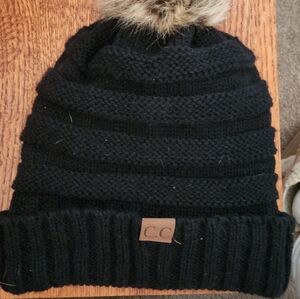 2. C.C. Soft Ribbed Faux Fur Pom Beanie One black One Blue acrylic knit